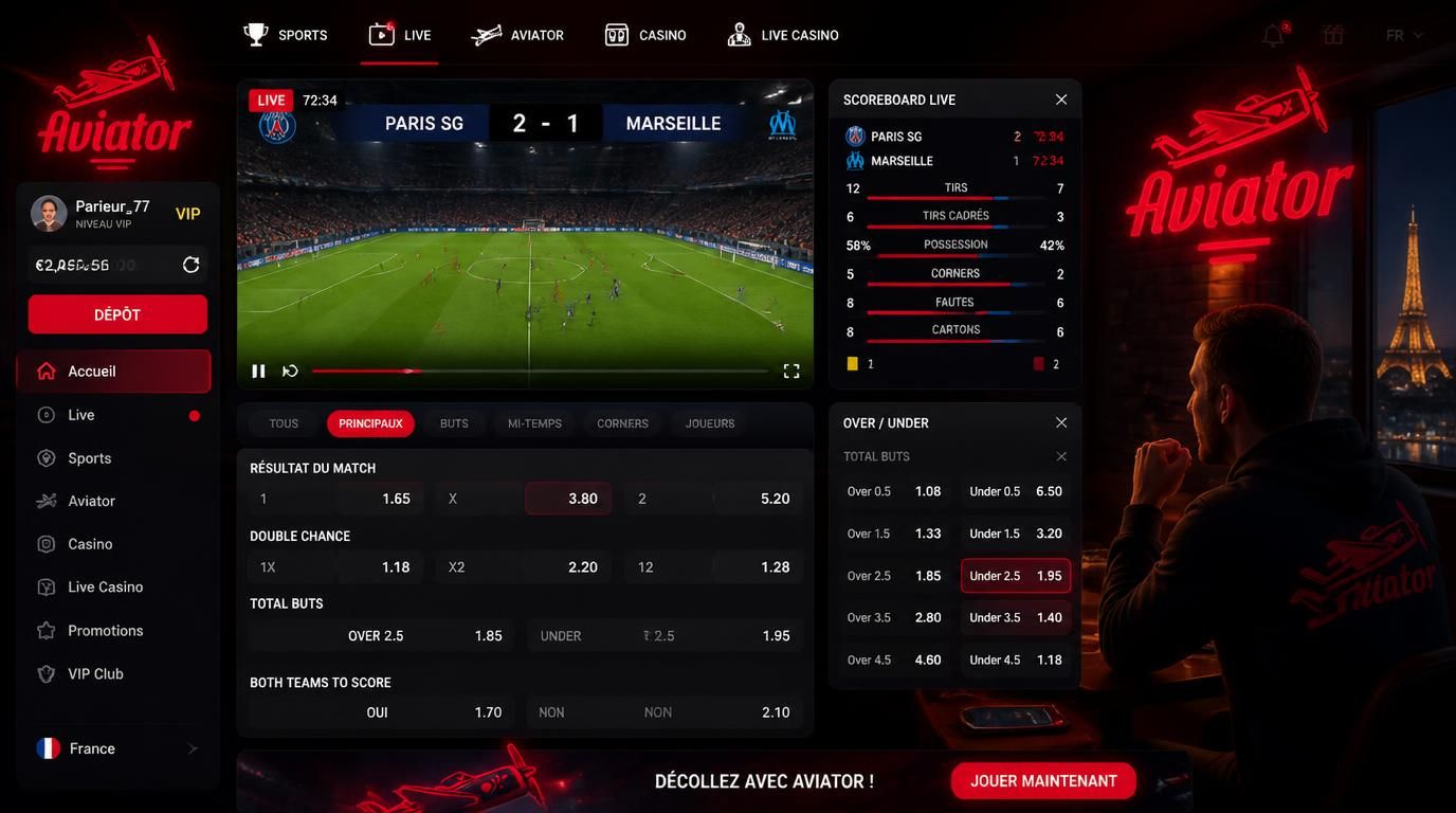 Interface de pari sportif avec options classiques et over/under