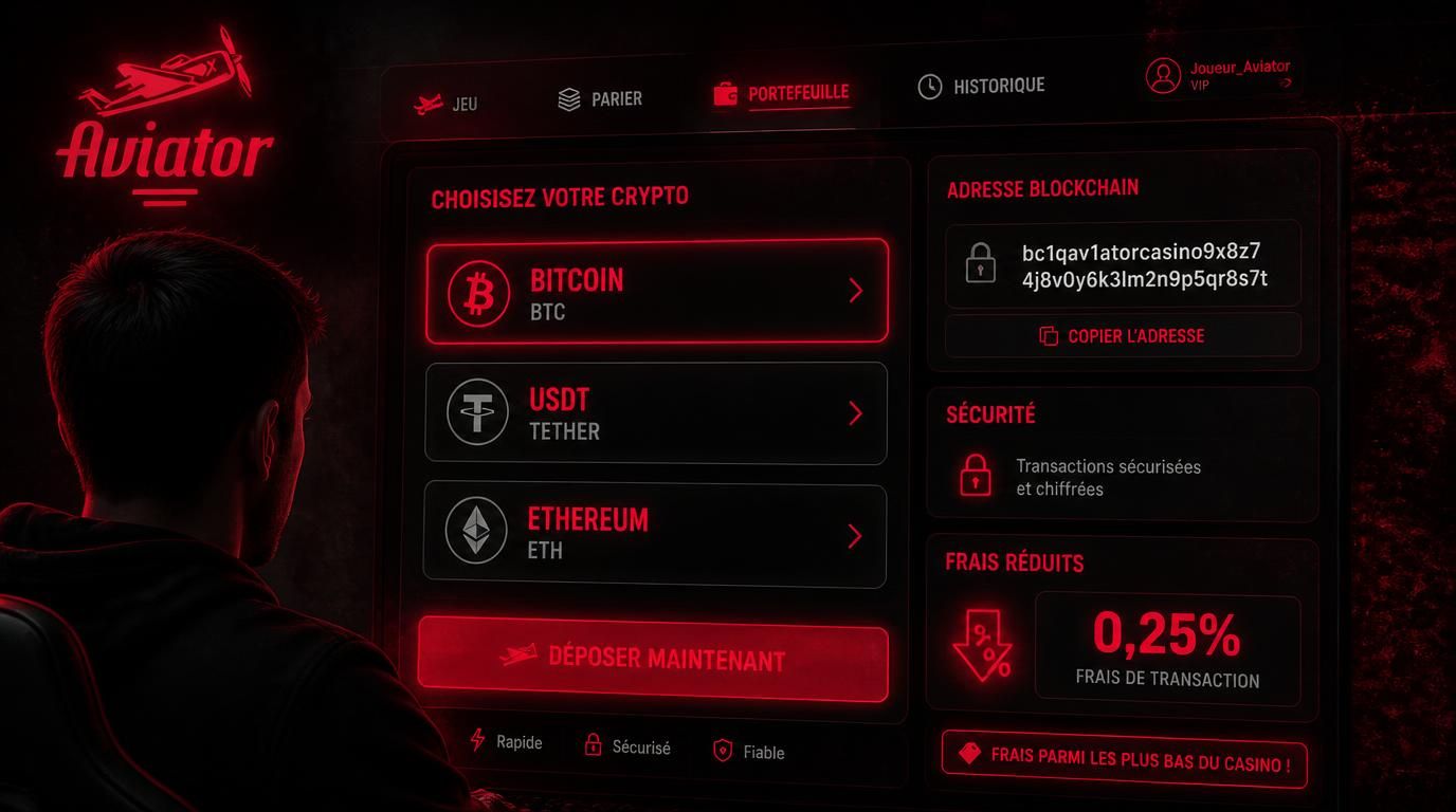 Un joueur effectuant un dépôt crypto (BTC, USDT, ETH) avec adresse affichée et indicateur de faible coût